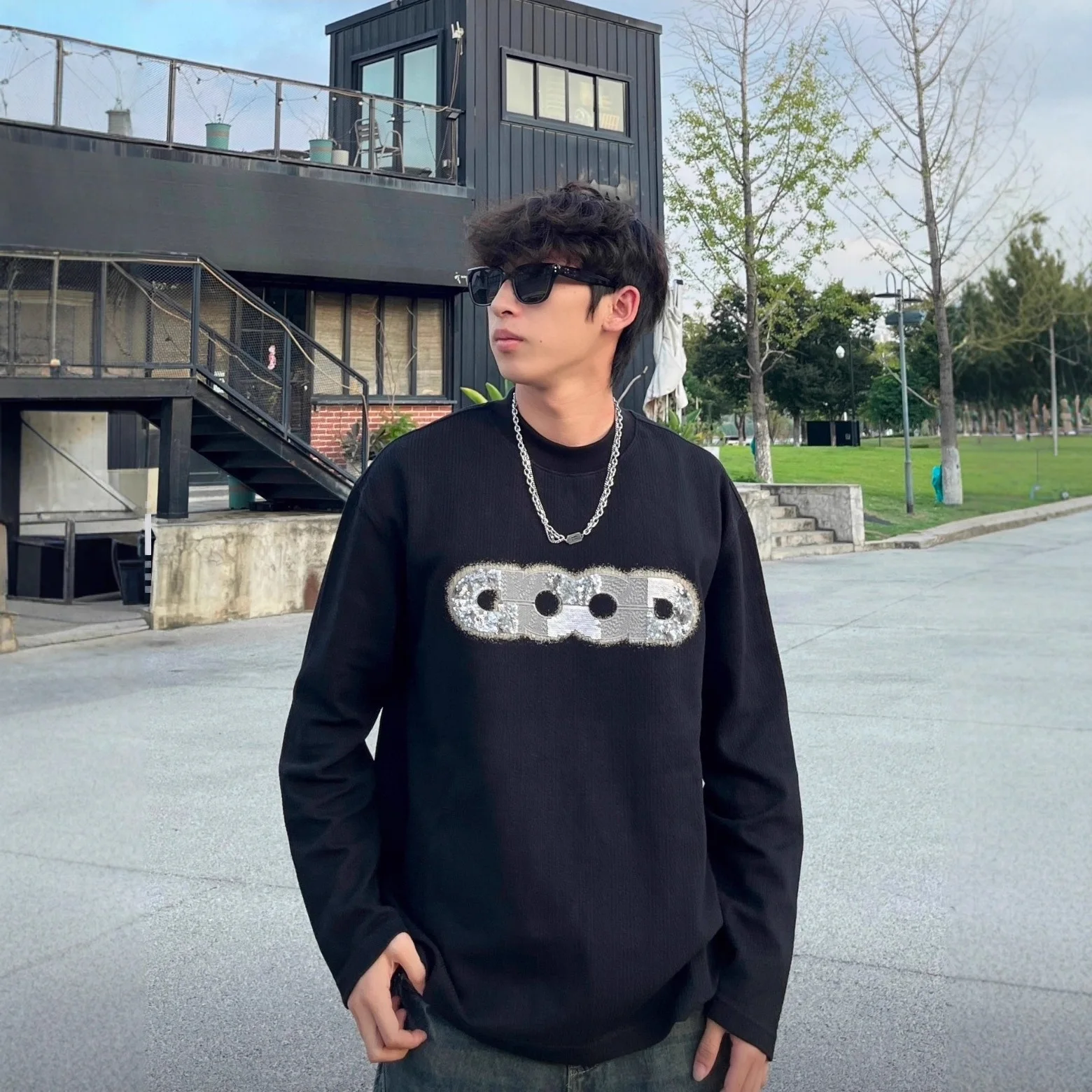 Camiseta de manga larga con estampado de logotipo Premium, moda de lujo ligera con lentejuelas de retazos de buena marca de alta calidad