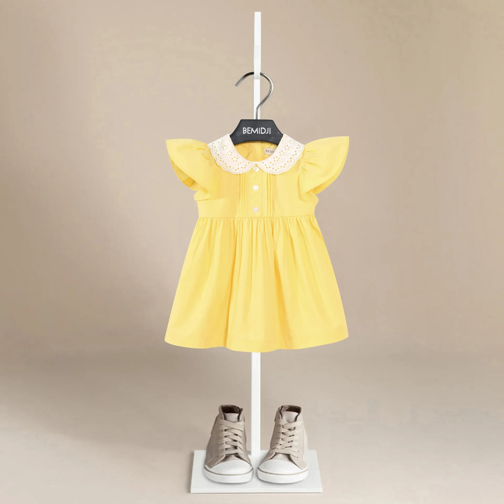 Summer Flying Sleeves Girls Yellow Princess Dress Blouses Tops Cute Cottone Casual Children Kids Baby Girl Clothes Shirts Dress