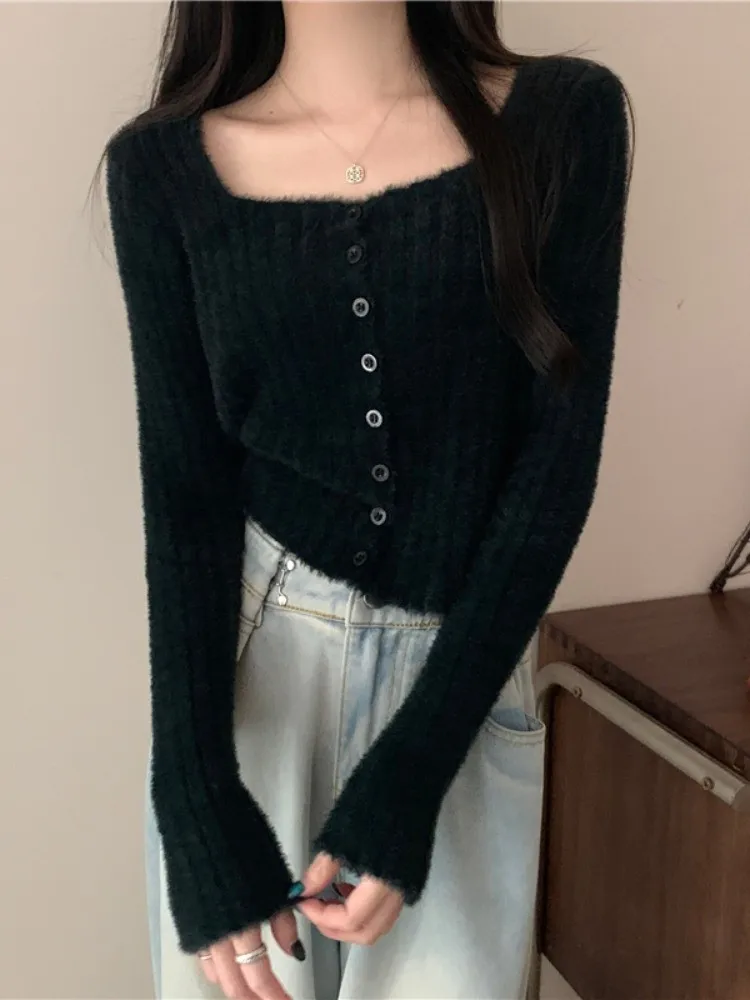 Autumn Plush Knitted Underwear Top Korean Style Women's Square Collar Single Breasted Bottoming Shirt Lady Long Sleeve Cardigan