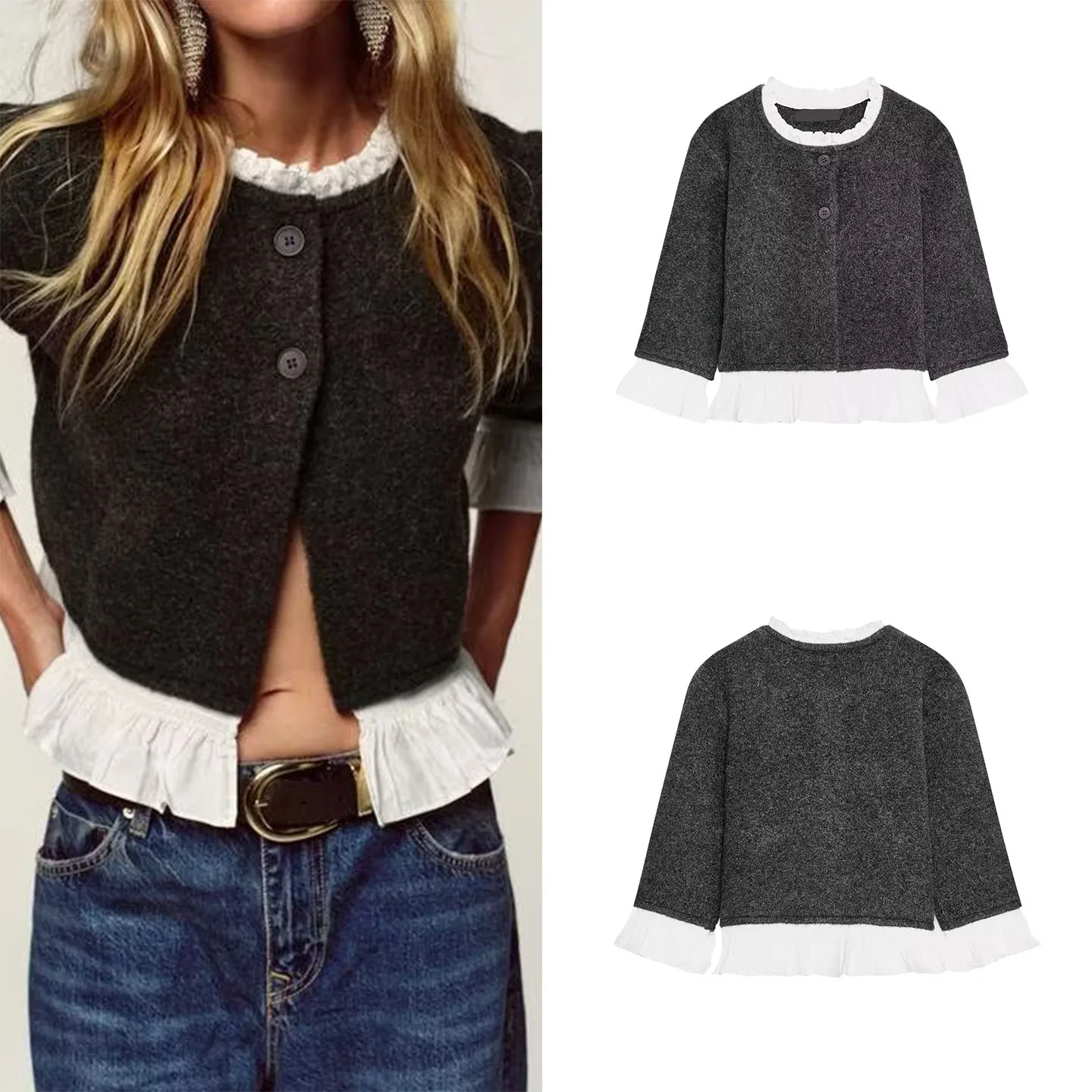 

Z Женская модная вязаная лоскутная куртка Jaet Sweet Sle Personali Повседневная одежда ort Sve Длинное пальто на пуговицах