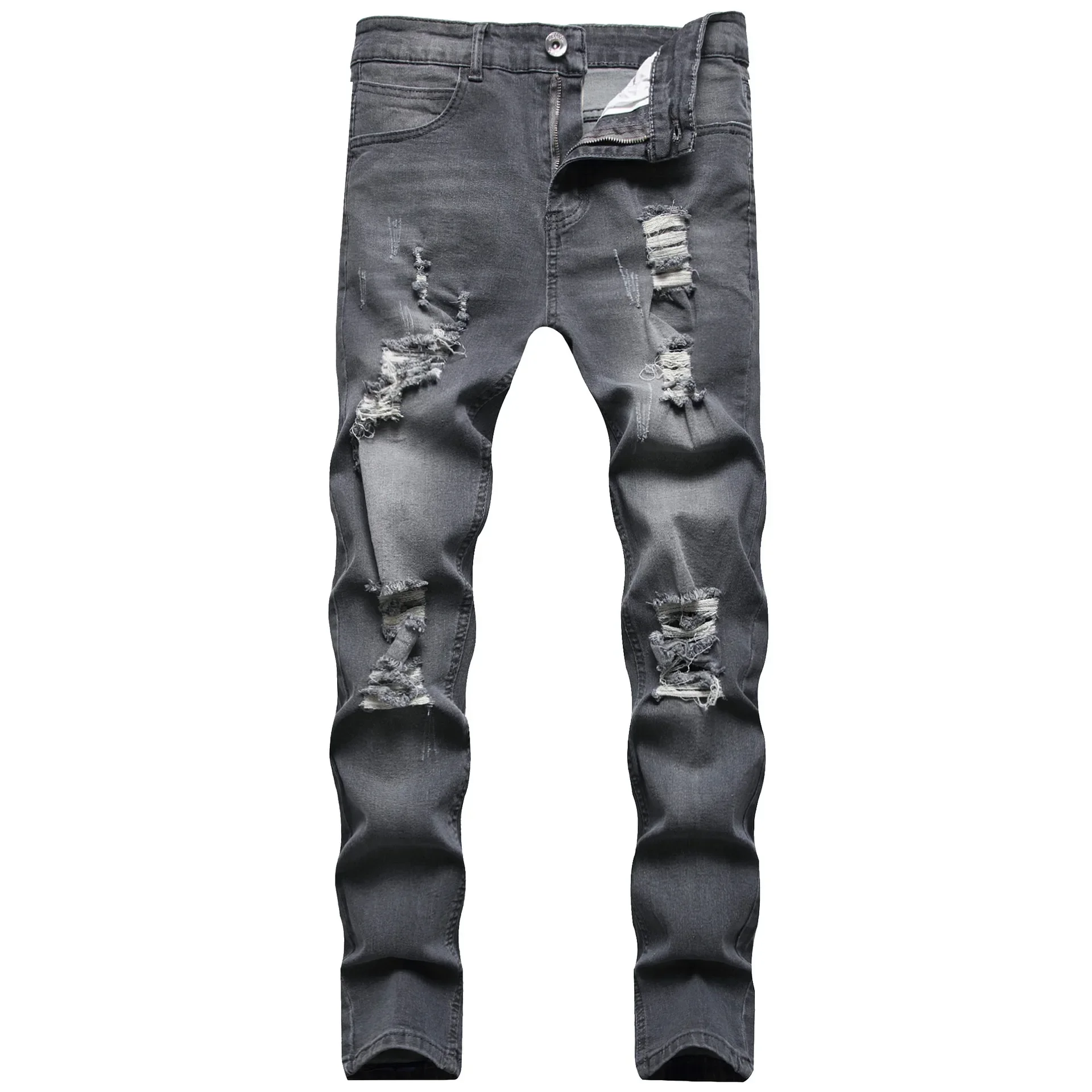 Jeans Men Hole Distressed Pencil Pants Slim Fit Vintage Zipper Fly Pockets Solid Colour Washed Denims Ankle Length Trousers