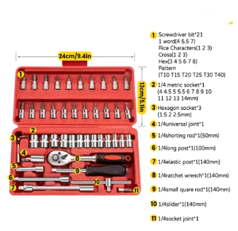 46pcs Ratchet Wrench Set Kit Sleeve for Car Motorcycle Bicycle Repair Tools Screwdrive Combination Repair Wrench Socket Spanner