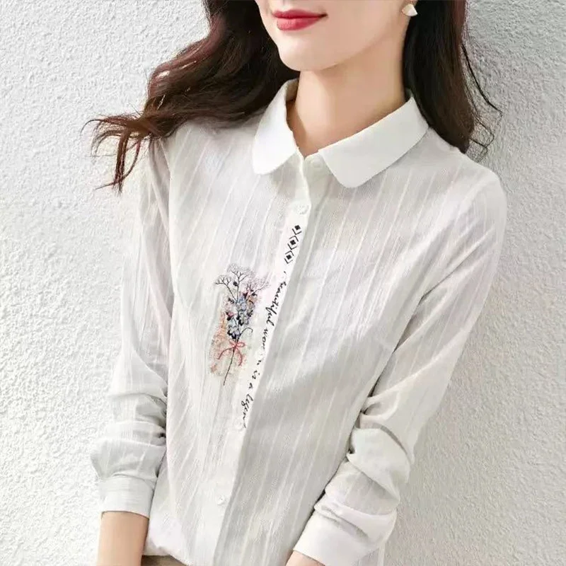 Camisa de manga larga con bordado de flores de algodón puro para mujer, Tops holgados informales para ir al trabajo, ropa de moda para mujer