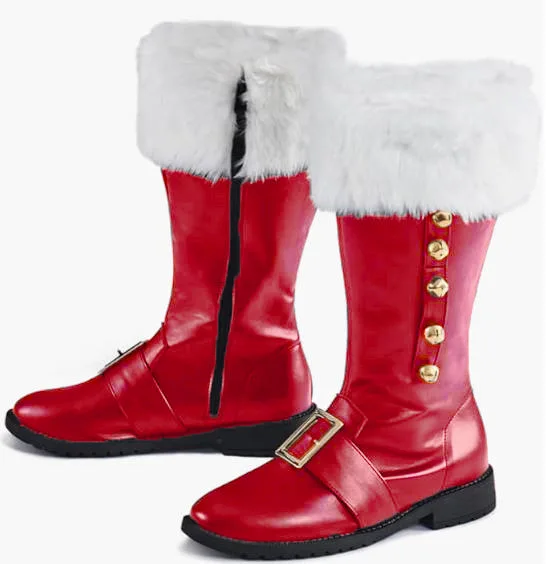 Mittelalterliche Vintage-Weihnachtsmann-Stiefel, Herren-Kampfstiefel mit weißen Plüschmanschetten, Fußglocke und Schnalle für Weihnachtsfeier, Cosplay-Stiefel – Detail 3