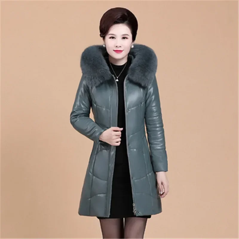 Mother Winter Leather Jacket Women Leather Hooded Warm Women Winter Leather Coat