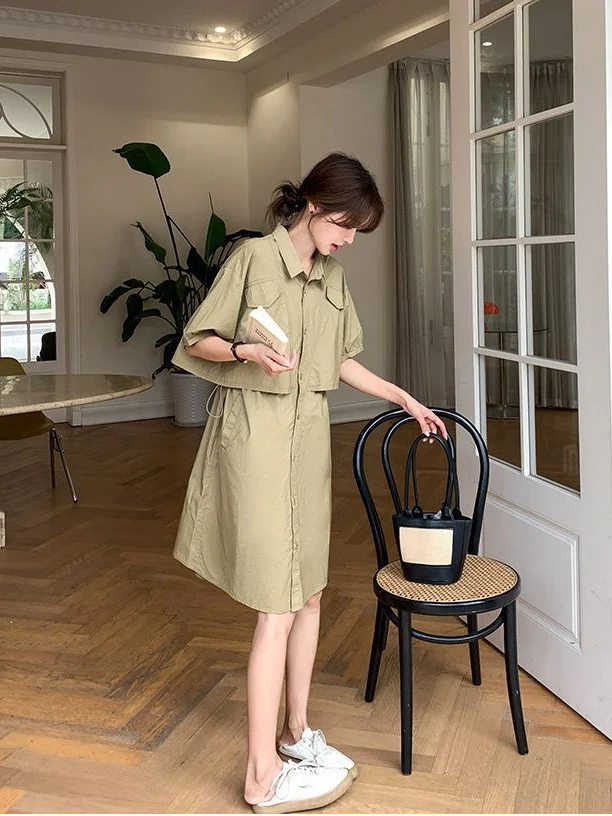 

plus Size 300 Pounds Women's Shirt Dress Casual Loose Korean Style A-Line Skirt Short Sleeve Collar Pure Color Summer Dress