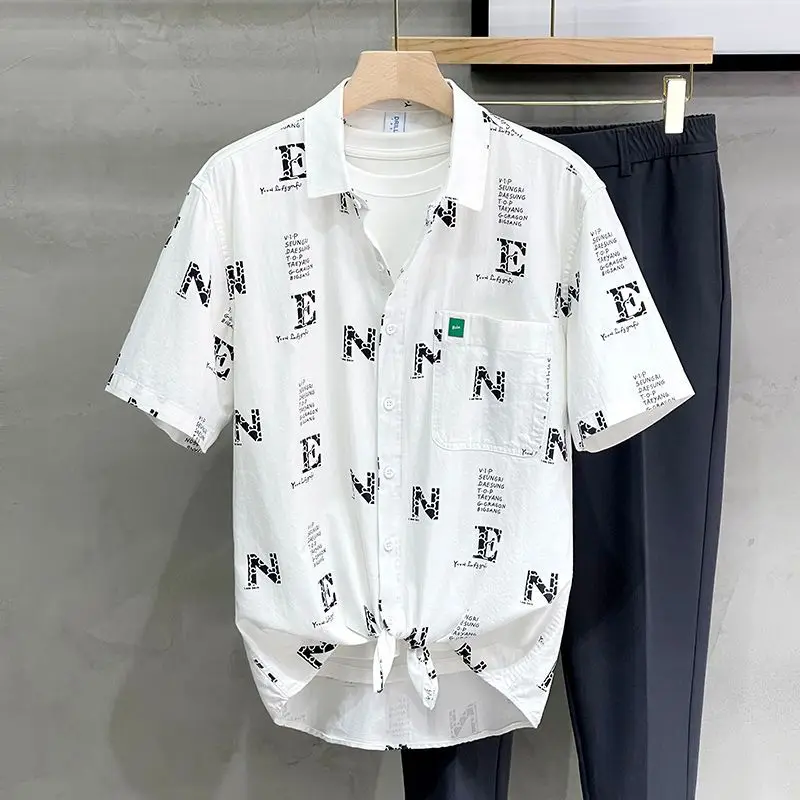 

Elegant Fashion Harajuku Slim Fit Ropa Hombre Loose Casual Sport All Match Shirt Square Neck Printed Button Short Sleeve Blusa