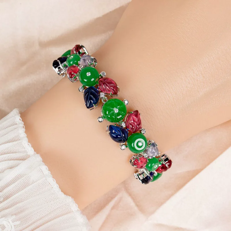 

Designer Collection Style Bracelet Women Lady Inlaid Cubic Zircon Synthetic Red Sapphire Foliage Pumpkin Green Beads Chain