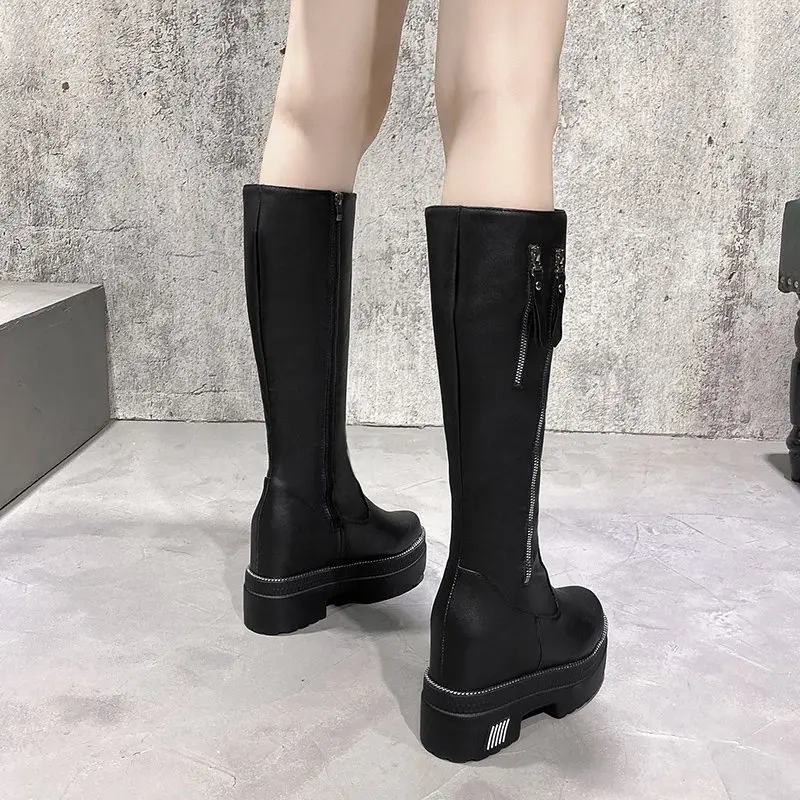 Women Chunky Platform Knee- High Boots Fashion Retro Punk Height Increasing Long Boots Woman 10cm Women Autumn Winter Booties