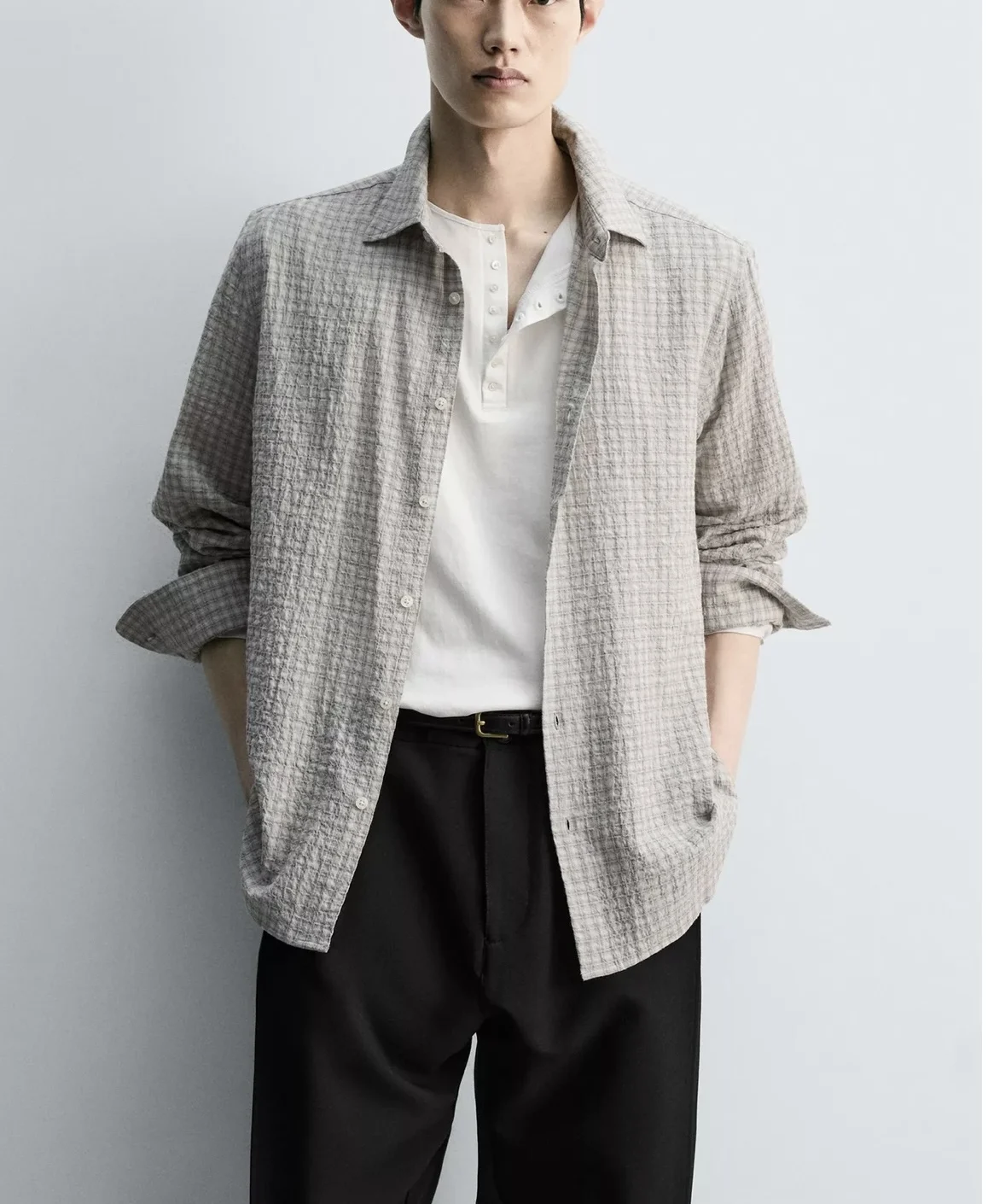 

New Spring Men's irt Loose Fit Long Sve Plaid Texture Turn-down Collar Breathable Cotton Polyester Blend Comfortable Ski...