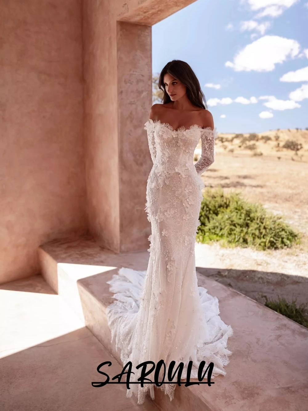 SAROULU Off Shoulder Mermaid Wedding Dress 3D Handmade Floral Appliques Sparkle Beaded Lace Bridal Gown Chapel Train Customized