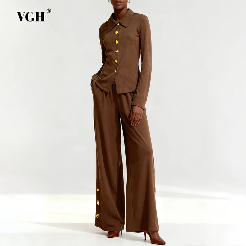 Vgh emagrecimento sólido casual conjuntos de duas peças para mulheres lapela manga longa topo calças cintura alta outono temperamento conjunto moda feminina