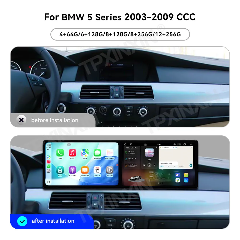 

Автомобильный радиоприемник с двумя экранами Android 15 9,1 дюйма для BMW 5 серии E60 2003-2009 CCC Автомобильный мультимедийный видеоплеер Авто GPS-навигация Carplay
