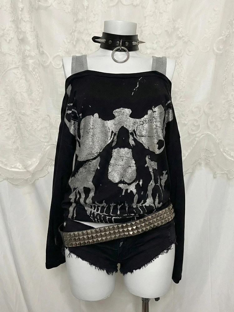 Gothic Style T-shirt Skull Print Subculture Punk Top Autumn Women Fake Two Piece Tees Y2k Chic Harajuku Long Sleeve T-shirt