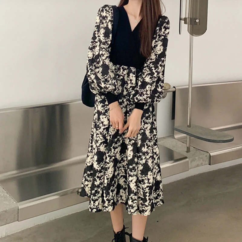 

Spring New plus Size Women's Korean Style Ribbed Cotton Print Slimming Dress V-Neck Long Sleeve Bottoming Skirt