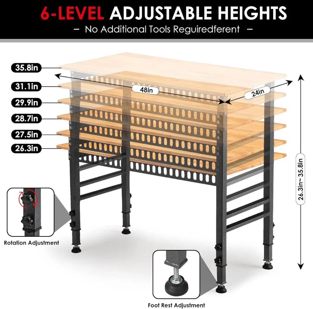 48 "Adjustable Workbench with Power Outlet, Heavy Duty 2000 LBS Load Capacity Hardwood Workbench, Office, Garage, Home