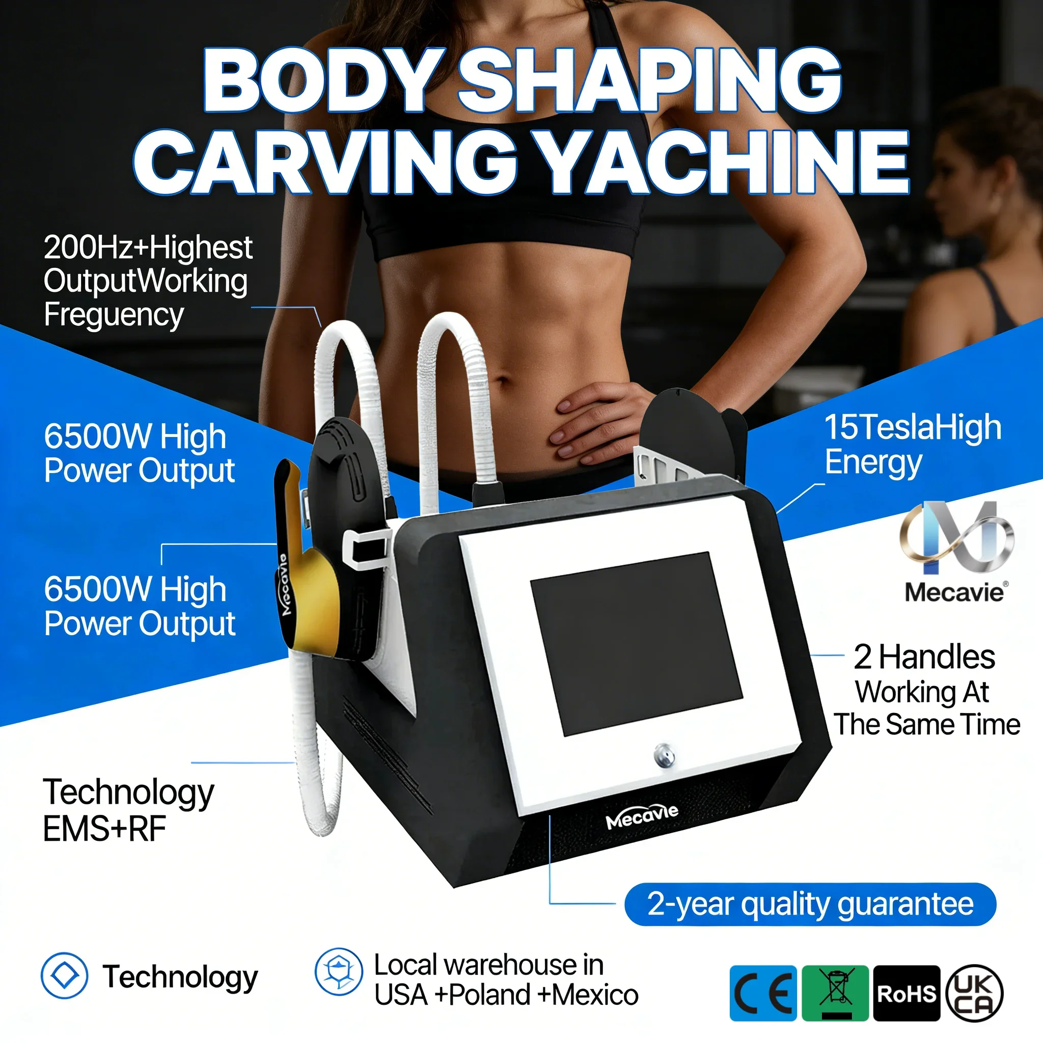 MECAVIE NEWEST Ems RF Machine Fat Remova Muscle Stimulators Slimming 6500W 200Hz Home Exercise Dual Handles 15T