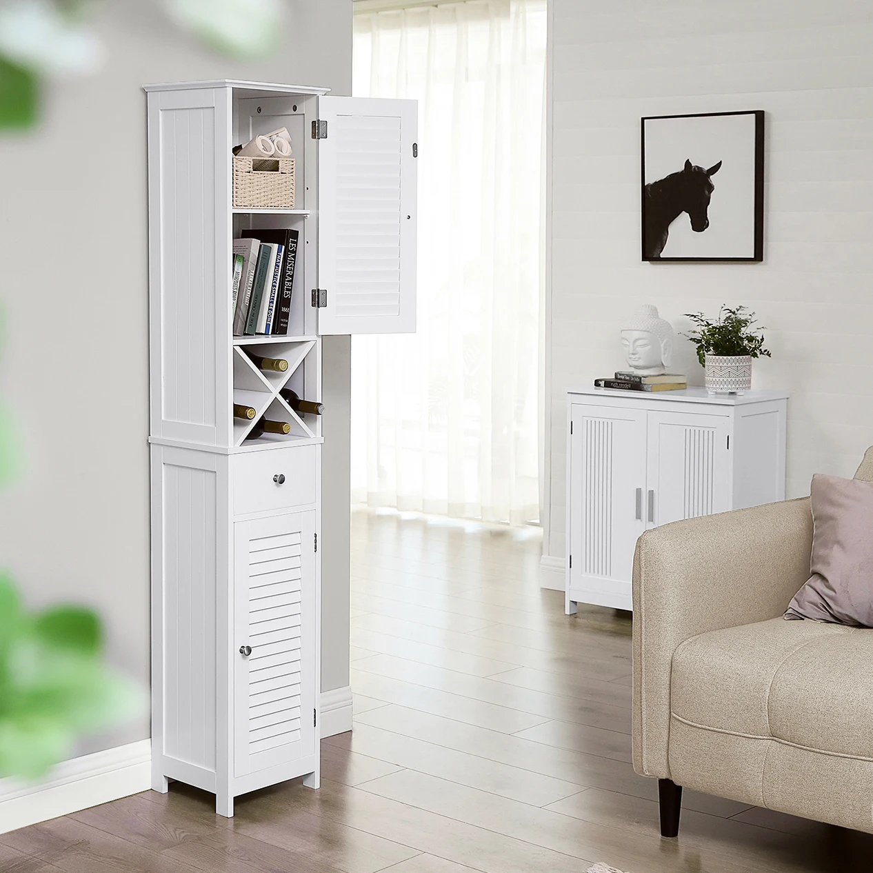 VASAGLE Bathroom Column Storage Cabinet Tall Cabinet with Louvered Doors, Drawer, 32 x 30 x 170 cm