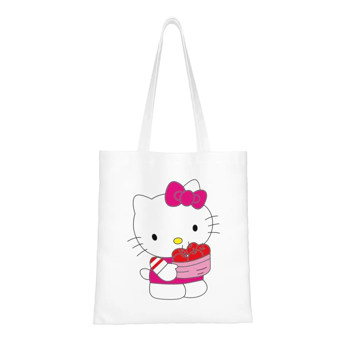 

Custom Sanrio Cartoon Hello Kitty Cat Groceries Shopping Bags Kawaii Printed Canvas Shopper Shoulder Tote Bag Washable Handbag