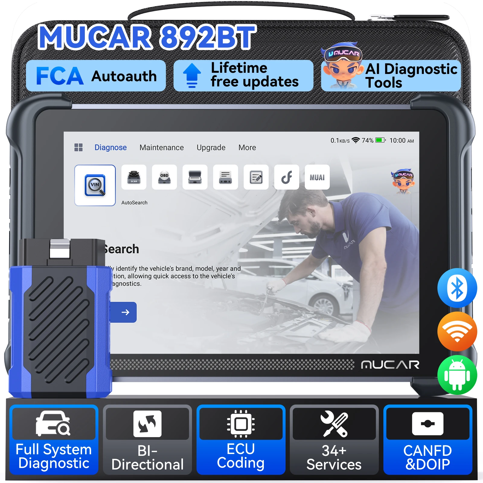MUCAR 892BT Lifetime Free Update AI Car OBD2 Diagnostic Tool All System Diagnosis ECU Coding Bi-directional CANFD DOIP 35 Resets