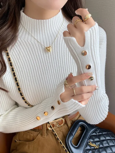 Jesienno-zimowy sweter damski Pullovers Topy z długim rękawem Odzież Slim Knit Soft Jumper Streetwear Sweter z golfem na guziki
