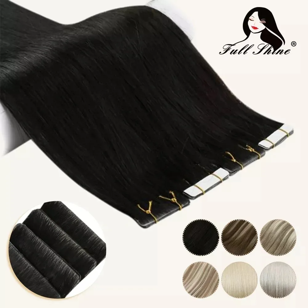 Full Shine-Hand amarrado extensões de cabelo humano, fita adesiva, trama de pele PU, cor loira, invisível, injeção sem costura, virgem