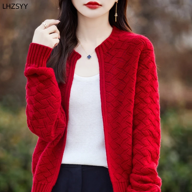 

LHZSYY 100% Merino Wool Knit Cardigan Ladies Spring Jacket New Fashion Bottoming Shirt Joker Loose Sweater No Buckle Coat Blouse