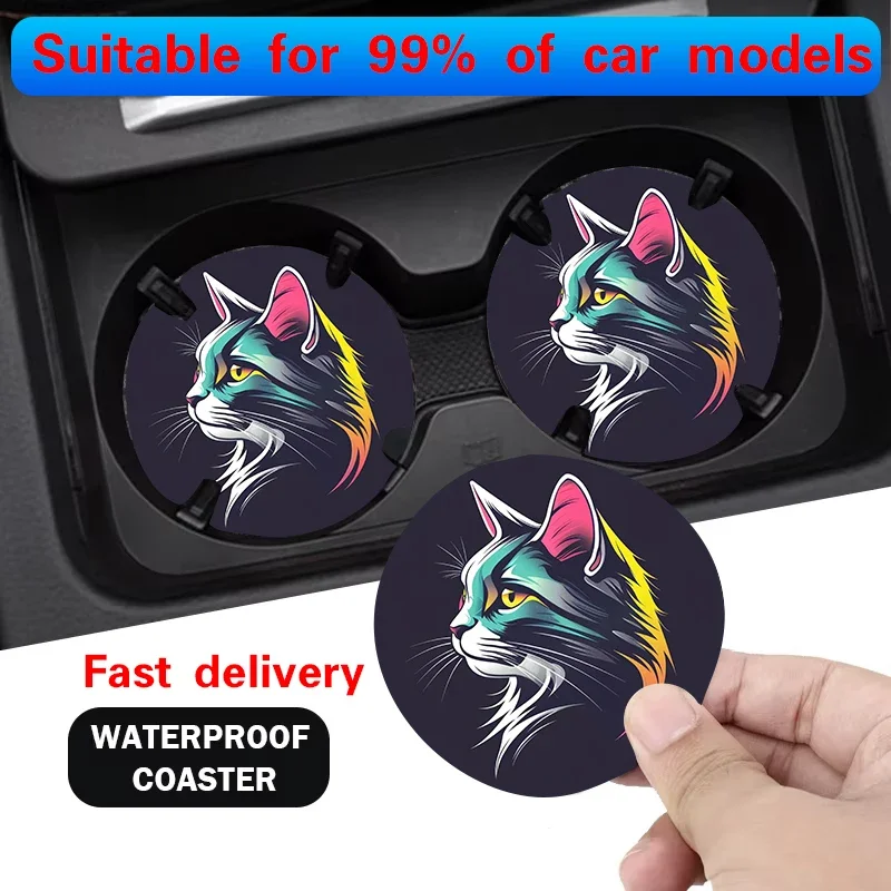 2pcs Non-Slip Car Cup Holder Mat for Bottles and Cups, Colorful Cat Design