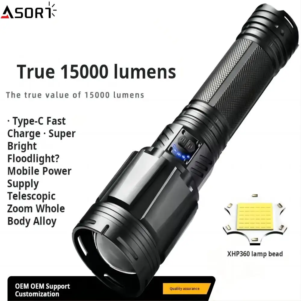 High Power Tactical XHP360 Flashlight Double Light Source Switch Lantern 7 Lighting Modes Rechargeable Lamp Torch With Indicator