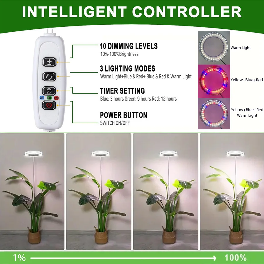 Luz de cultivo de espectro completo interno de 6,3 polegadas LED Halo alto cresce luz com temporizador automático e brilho ajustável