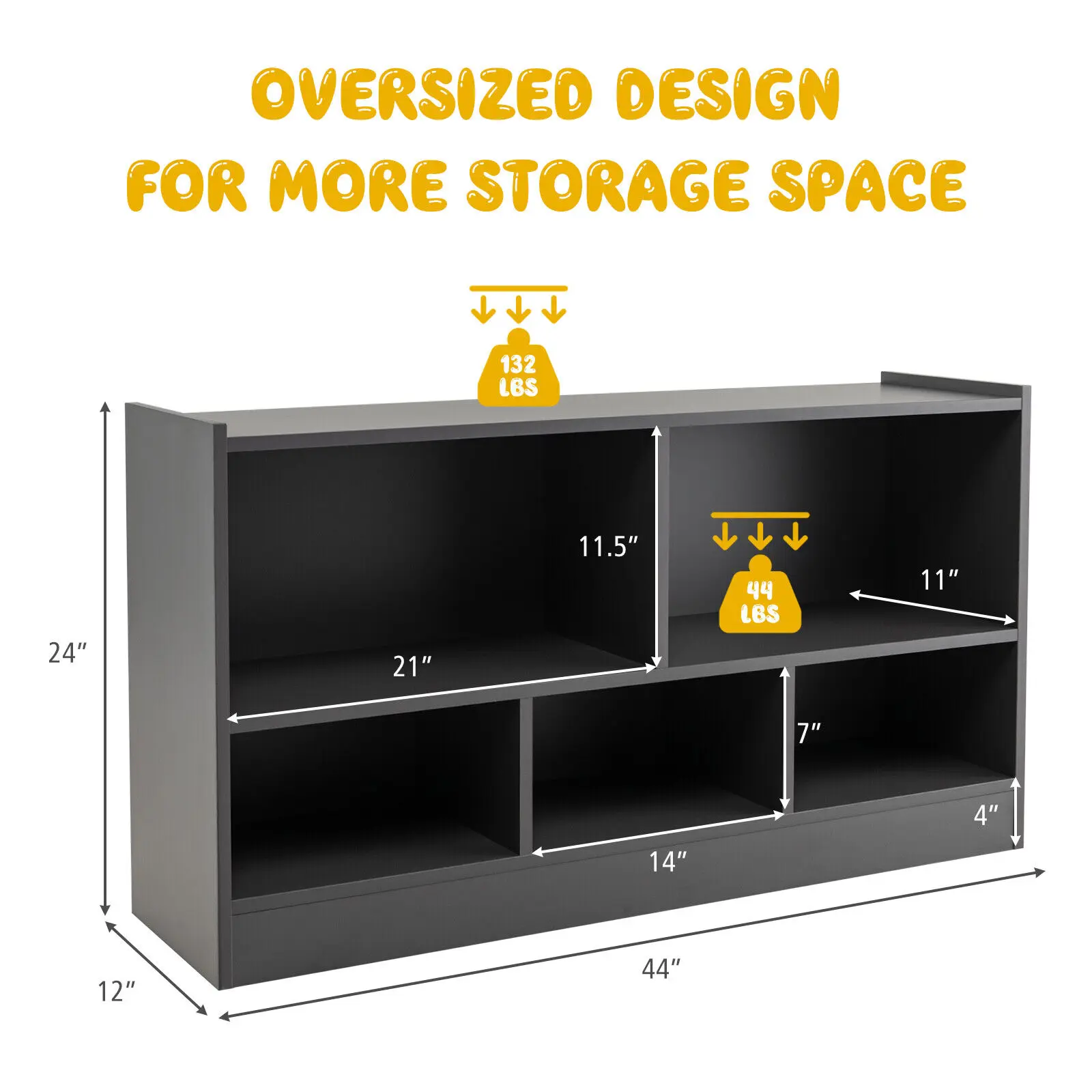 Costway Kids 5-Cube Toy Storage Cabinet 2-Shelf Wooden Bookcase School Organizer Grey