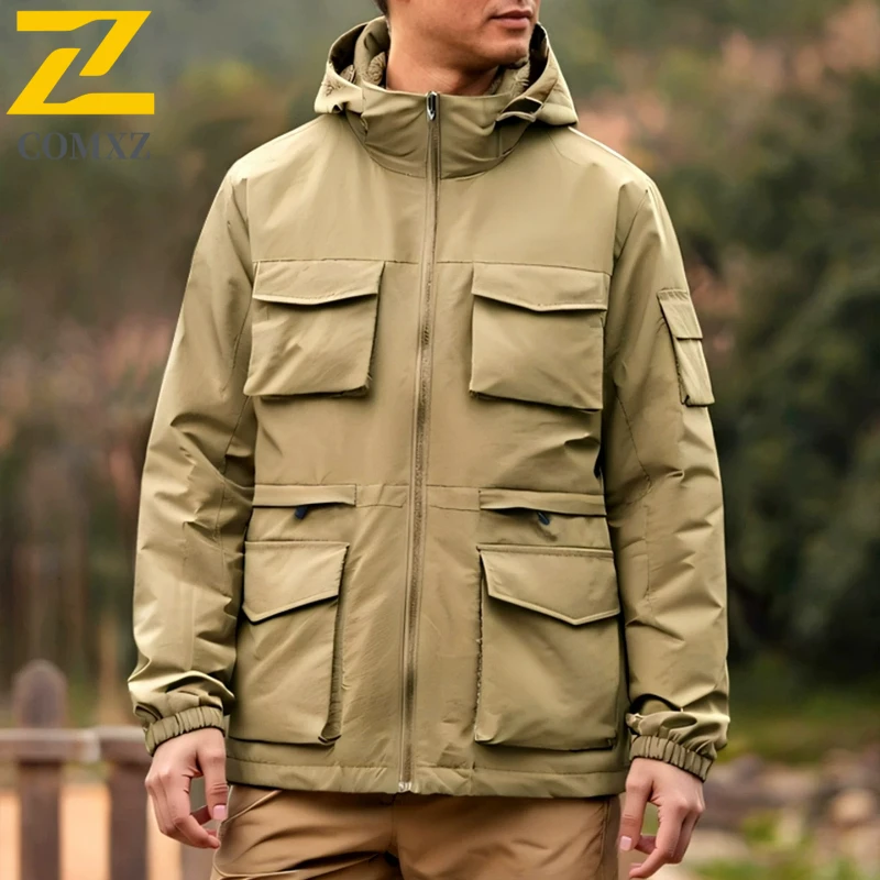 

COMXZ Мужская верхняя одежда с несколькими карманами на флисовой подкладке, водонепроницаемый плащ с капюшоном для путешествий, альпинизма, катание на лыжах, ветрозащитное пальто высокого качества