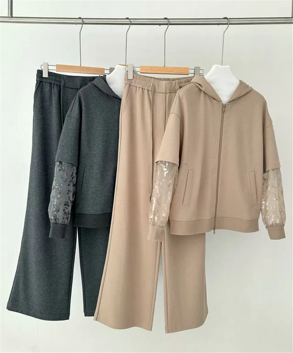 

25 Autumn/Winter New Women's High-Quality Hooded Cardigan Zipper Jacket+Casual High Waisted Straight Leg Pants Set