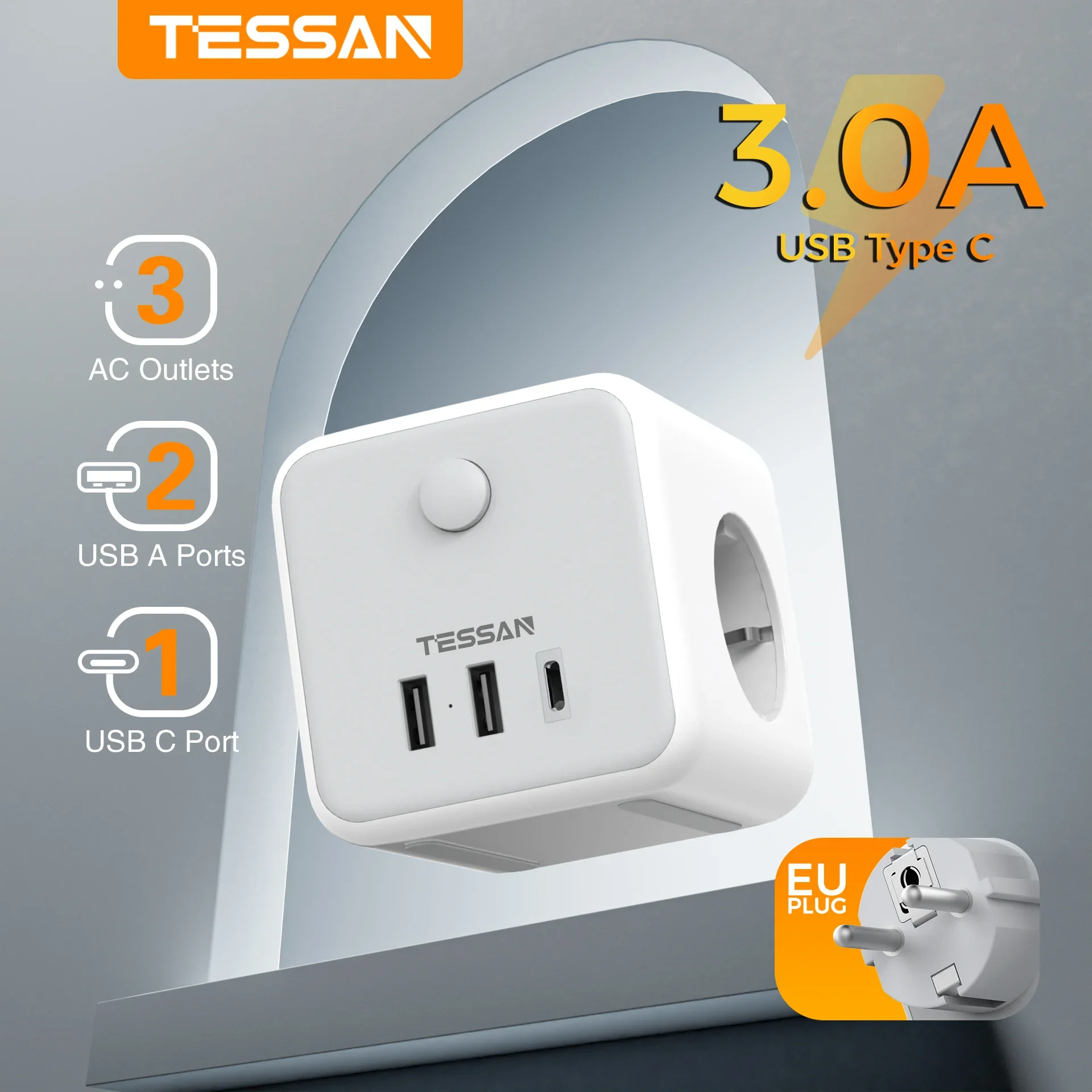 TESSAN EU Plug Power Strip Cube with 3 Outlets +3 USB Ports Multiple European Plug Wall Socket Adapter Overload Protection