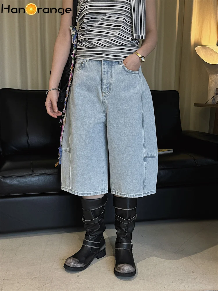 

HanOrange 2026 Spring Autumn Retro High Waist Split Seam Calf Length Jeans Women Wide Leg Denim Capris Light Blue/Deep Blue