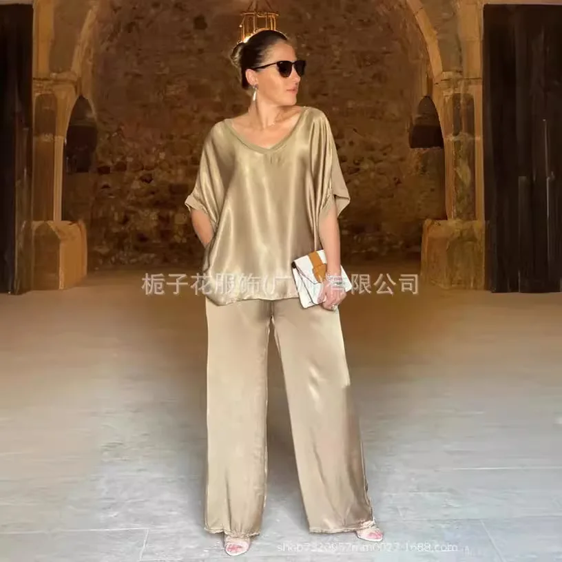 

Women's Two-piece Pants Satin Loose V-neck Casual Top Wide Leg Pants Fashion Set Spring and Autumn 2025
