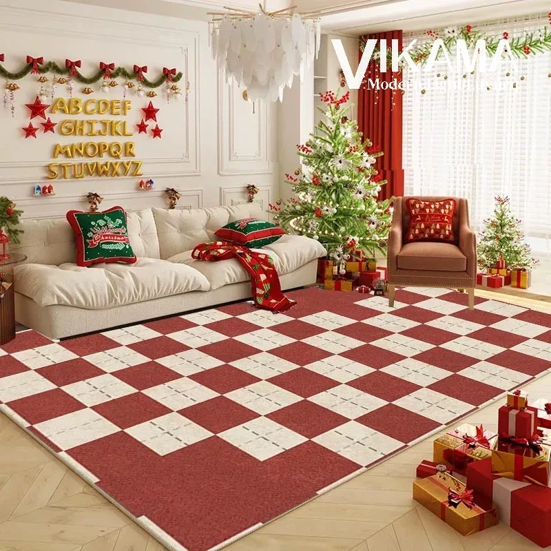 VIKAMA Christmas Red checkerboard living room decoration carpet Premium Light Luxury Bedroom sofa Holiday decoration floor mat