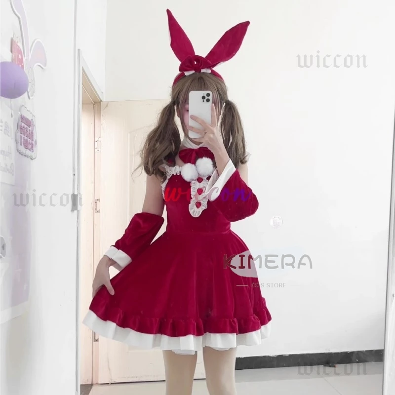 Dolce Lolita Bunny Girl Halloween Natale Costume Cosplay Anime giapponese Cameriera rosa Lingerie Morbido velluto Coniglio Gioco di ruolo Vestito