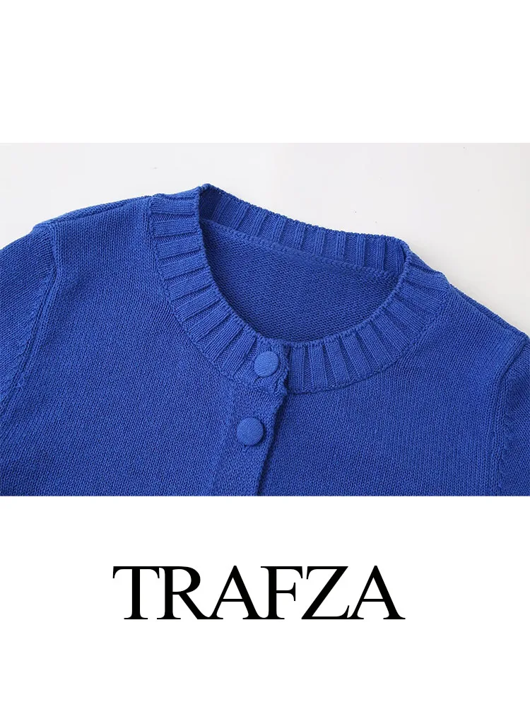 TRAFZA Women Fashion Knitted Tops Dark Blue O-Neck Short Sleeves Single Breasted Female Summer Casual Cardigan Coats Traf