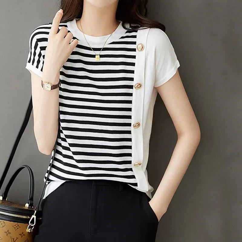 

Female Commuter Fashion Button Striped Patchwork Pullovers Top 2023 Summer New Women Clothing O-Neck Short Sleeve Casual T-shirt