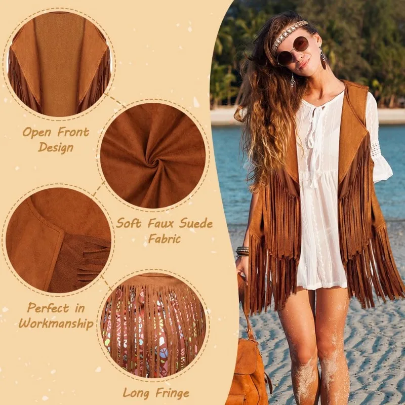 5 Pcs Hippie Costume Accessories for Women,Disco 70s Hippie Outfit Sleeveless Fringe Vest Bohemian Feather Earrings and Headband view 2