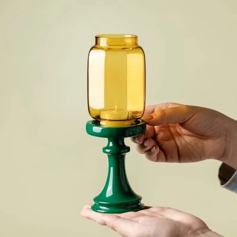 Contrast Color Windproof Candle Holder Ceramic Base with Amber Glass Shade for Home Desktop Romantic Dinner Party Decor Gift