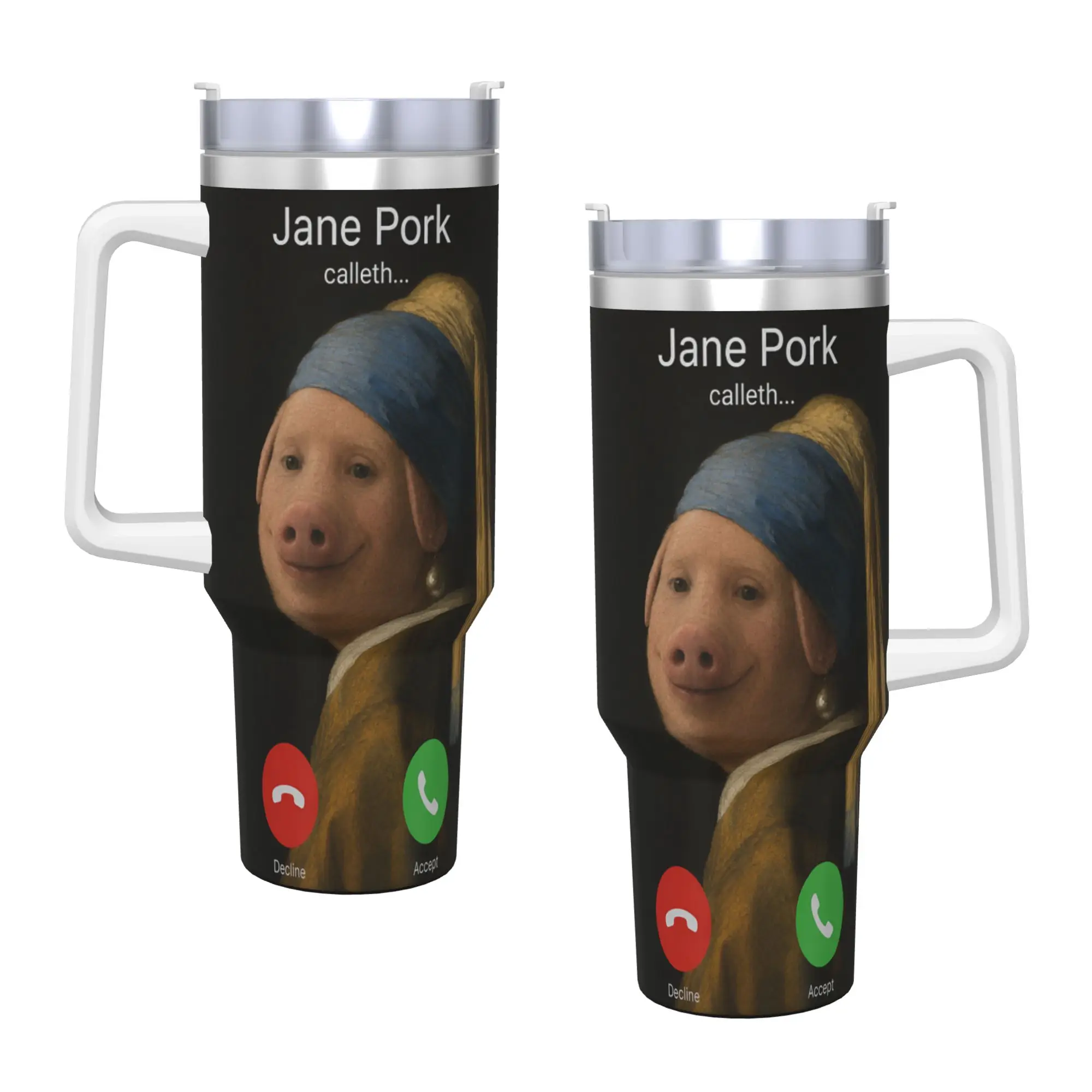 John Pork Girl with a Pearl Earring Vermeer Funny Meme Viral Stainless Steel Tumbler Thermal Cups With Straws 40oz Mugs Cup