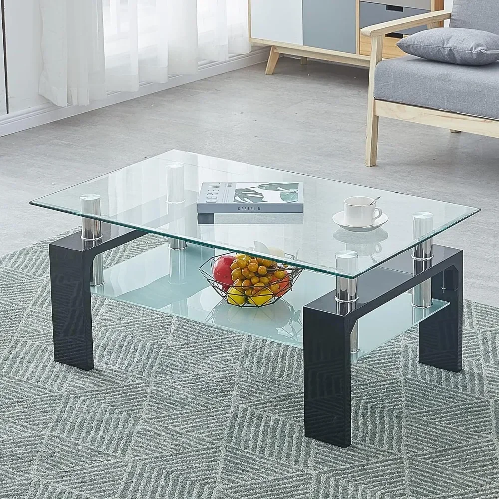 Tempered Glass Tabletop Stainless Steel Tube, 2-Tier Tea Table, Modern Center Side Table w/Lower Shelf & Wooden Legs