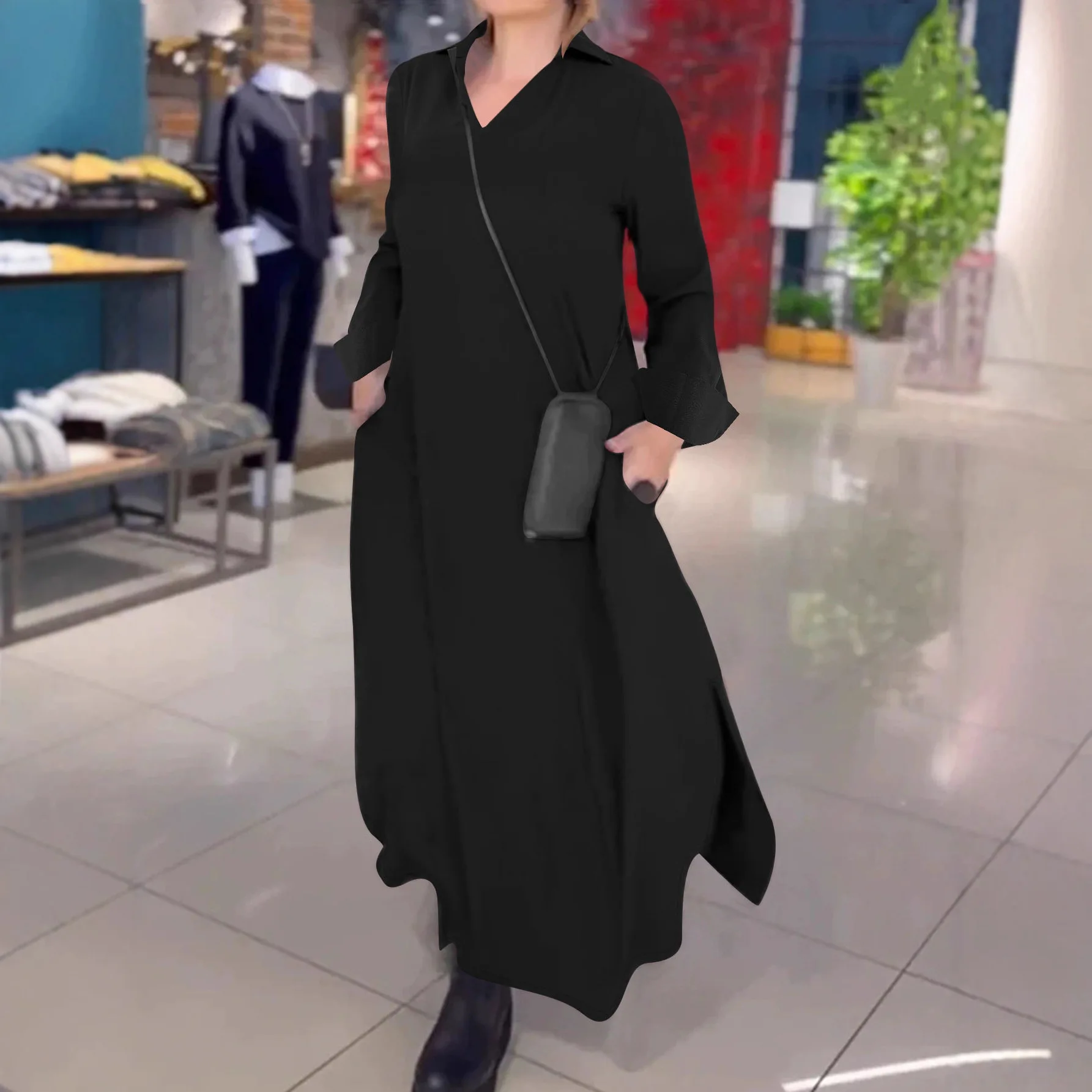 فستان ماكسي أوروبي وأمريكي عبر الحدود وبسيط وأنيق بلون سادة وياقة بولو للخريف والشتاء بأكمام طويلة على شكل حرف V #2