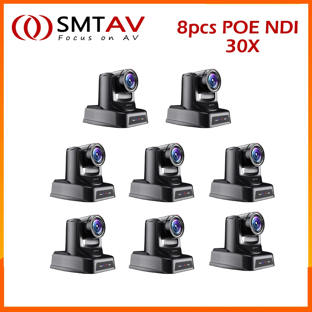 8PCS SMTAV POE NDI PTZ Camera 30x + 8x Zoom Live Streaming Camera NDI HX 4.5 for Church Business Meeting Black