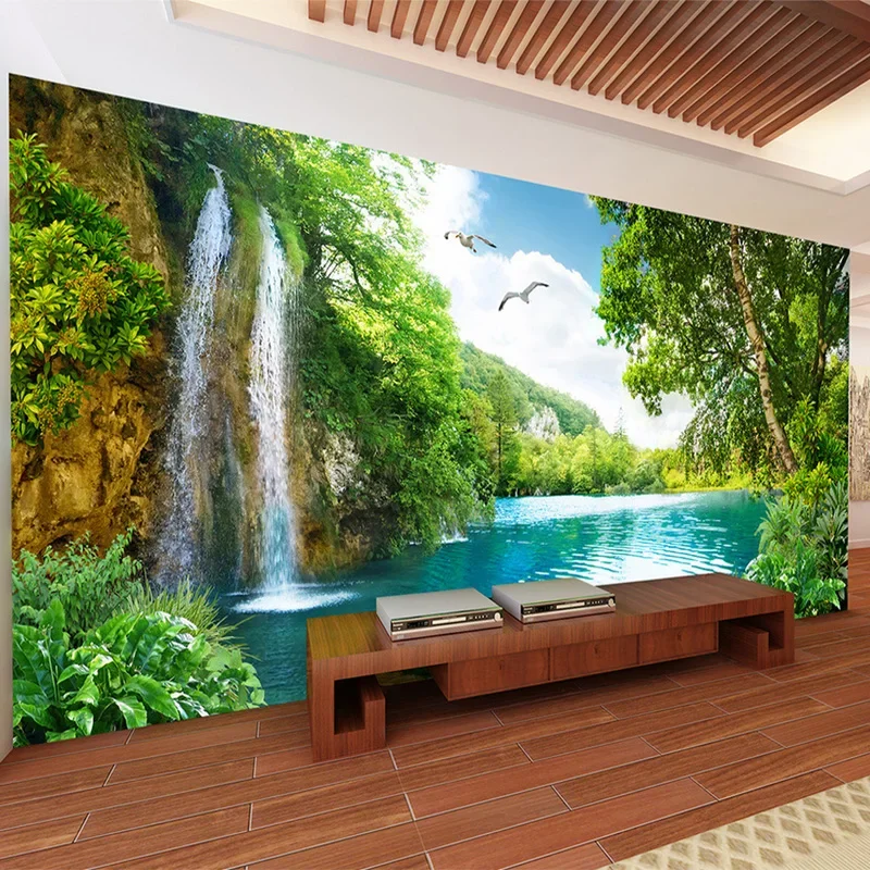 Murales personalizados 3D de Montaña Verde, cascada, naturaleza, paisaje, papel tapiz fotográfico, tela de pared, sala de estar, decoración del hogar, revestimiento de paredes 3 D