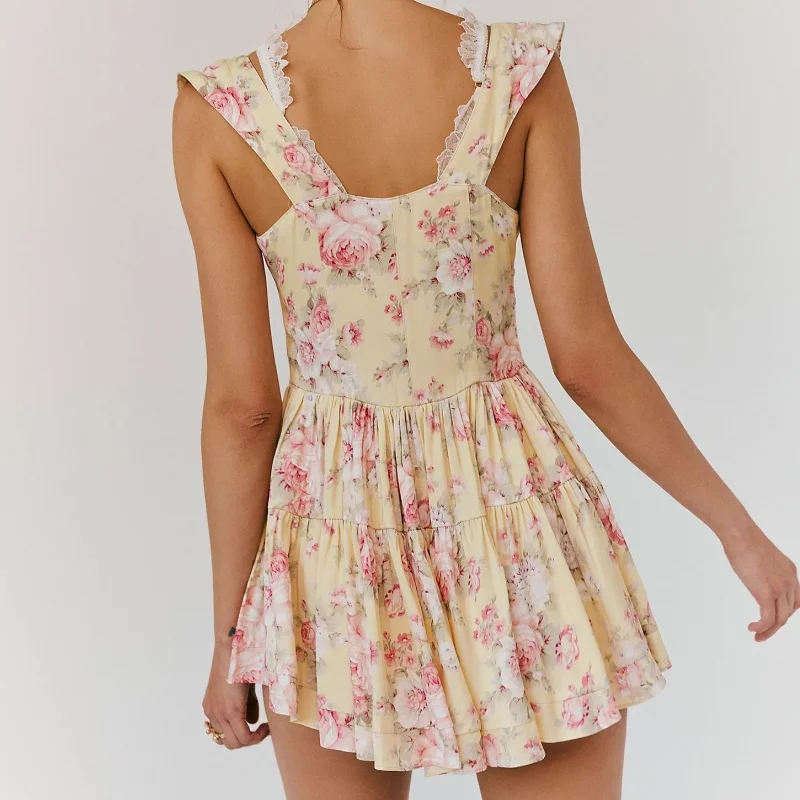 Women Summer Boho Mini Dress Ruffle Strap A Line Sundress Y2K Floral Short Babydoll Dress Going Out Dresses