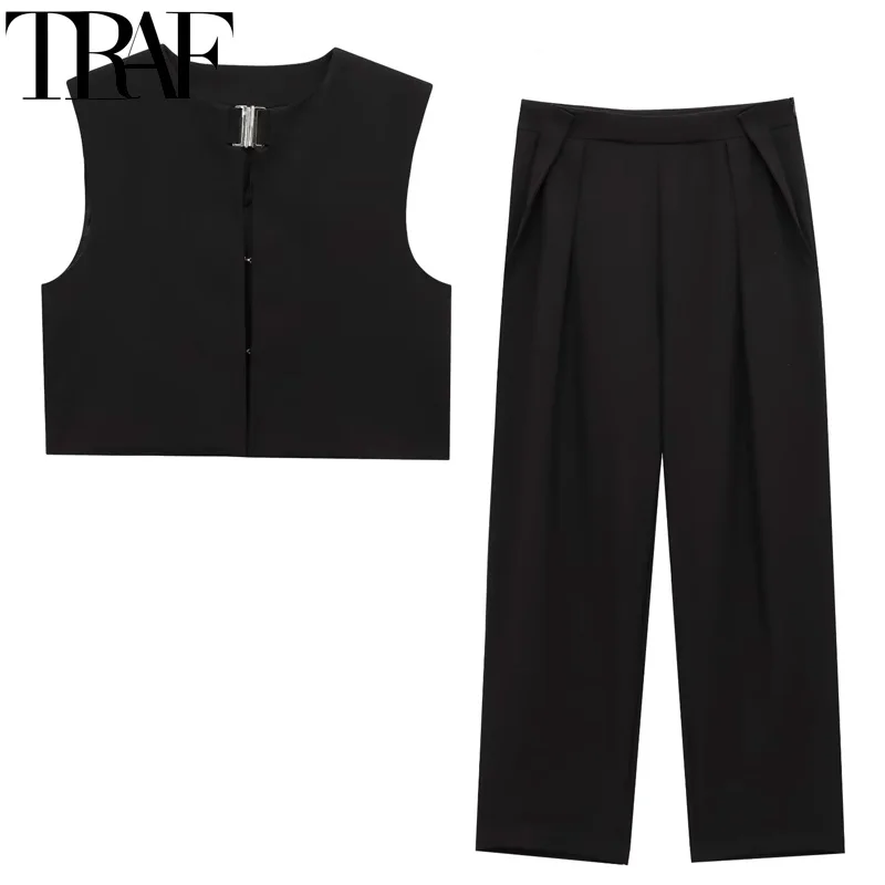 

TRAF 2025 Pleated Pant Sets Women's Two Pieces Set Sleeveless Tanks & Camis Office Wear Woman Wide Pants Sets Woman 2 Piece