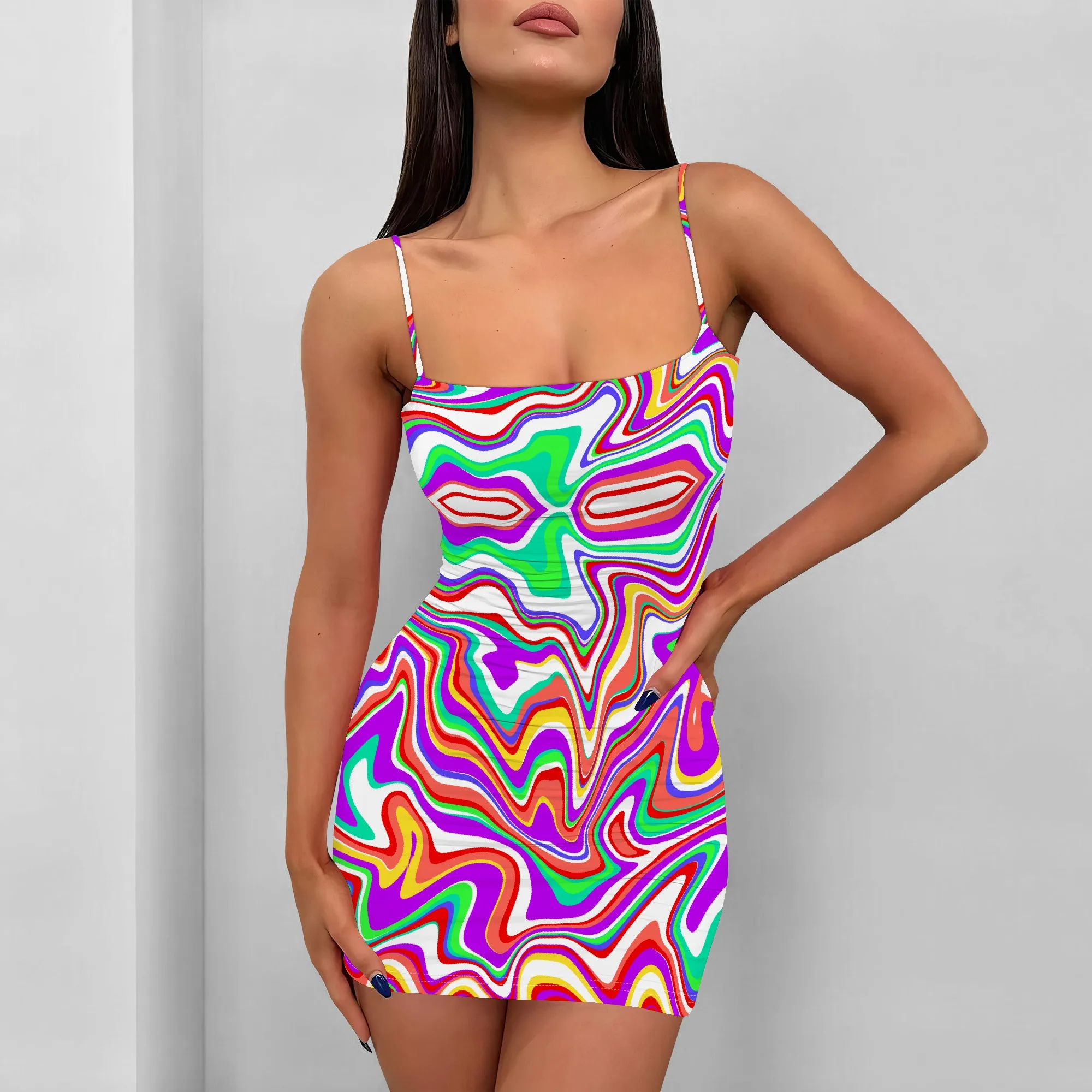 

Women's Abstract Print Mini Dress Sexy Bodycon Spaghetti Strap Dress for Night Club Party Wear S-3XL